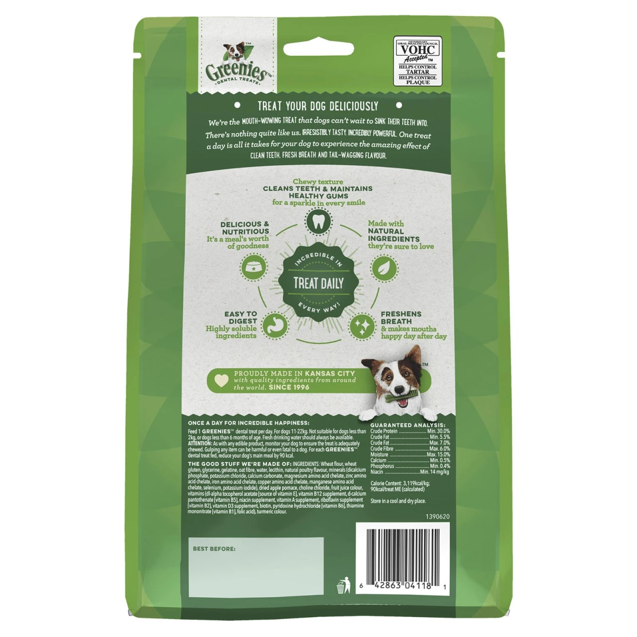 Greenies Original Regular Dog Treats, 340g bag with clear nutritional information and ingredients.