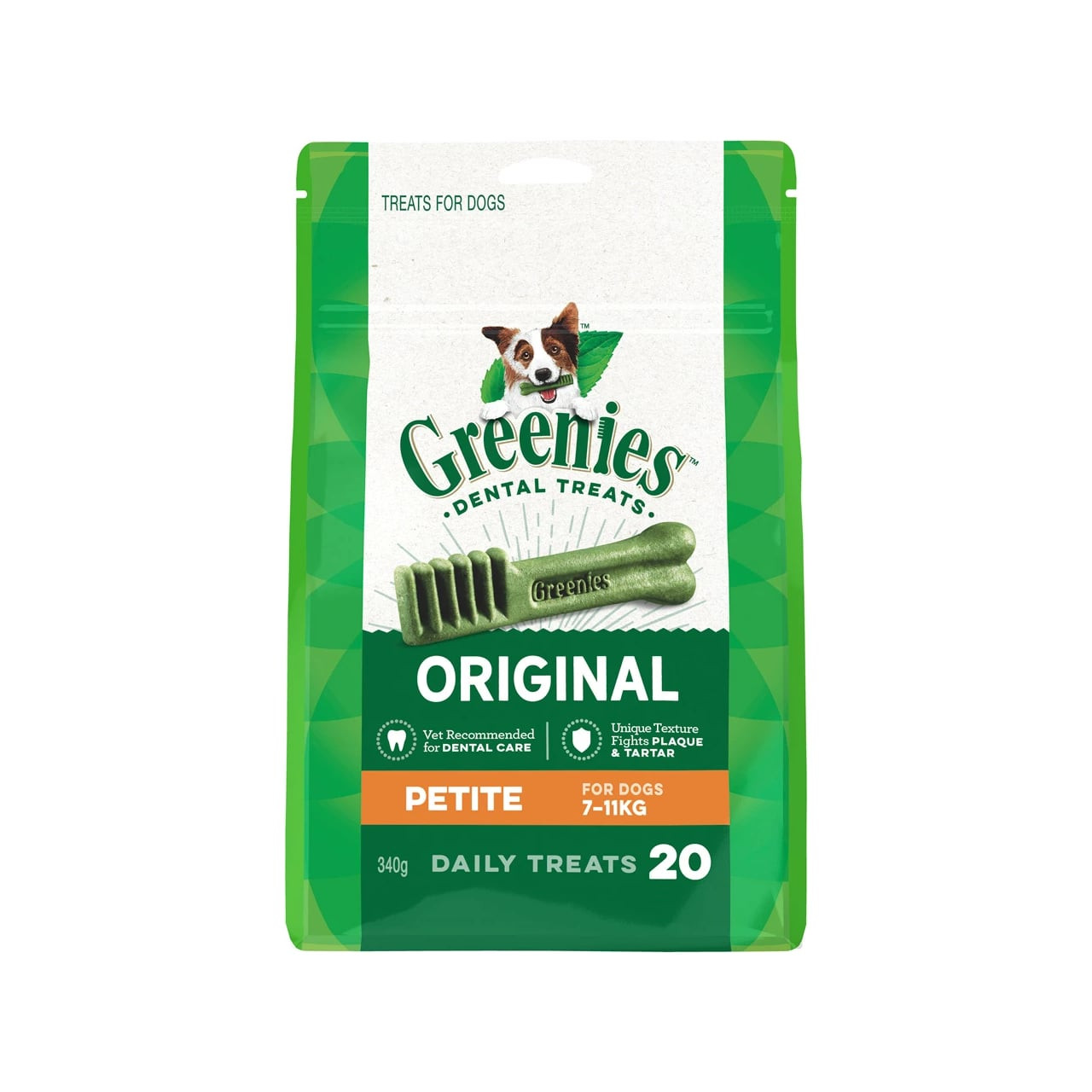 Greenies Original Petite Dog Treats, 340g bag, designed for dogs 7-11kg, dental care.