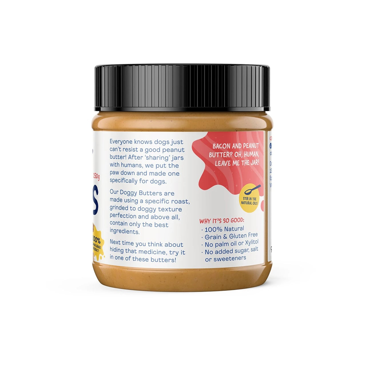 Doggylicious Barkin' Bacon Doggy Butter, 250g jar, natural ingredients for healthy pet treats.