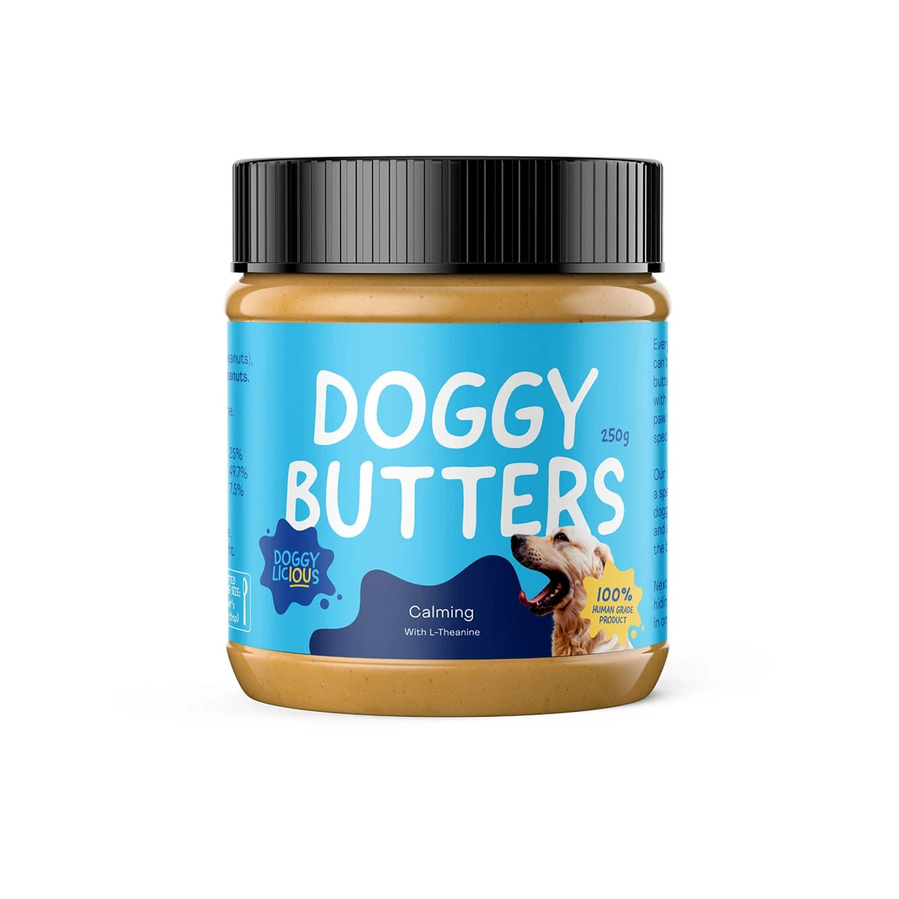 Doggylicious Calming Doggy Butter - 250g container with soothing ingredients for pet relaxation.