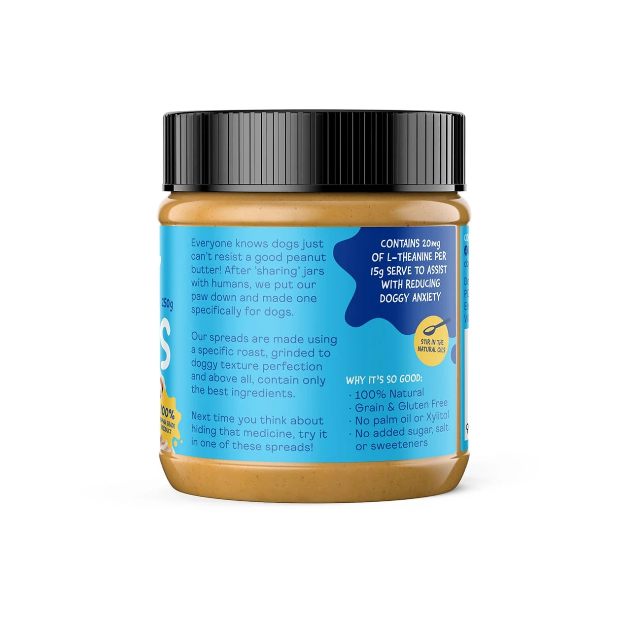 Doggylicious Calming Doggy Butter in a 250g jar, promoting relaxation for anxious dogs.
