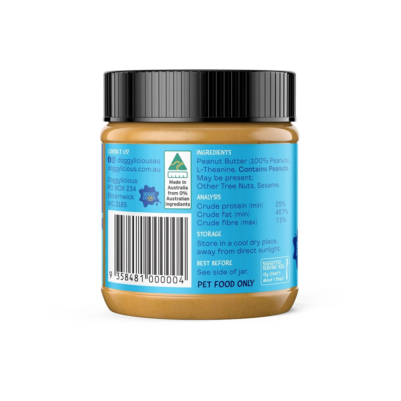 Doggylicious Calming Doggy Butter in a 250g jar, promoting relaxation for dogs.