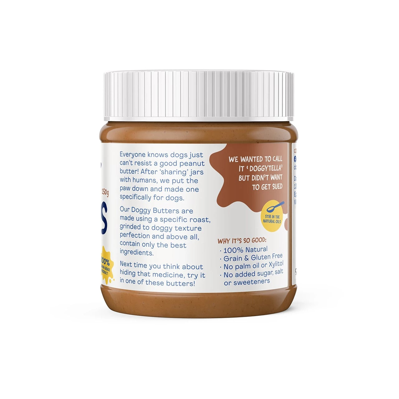 Doggylicious Delicious Carob Doggy Butter in a 250g jar, 100% natural and gluten-free.