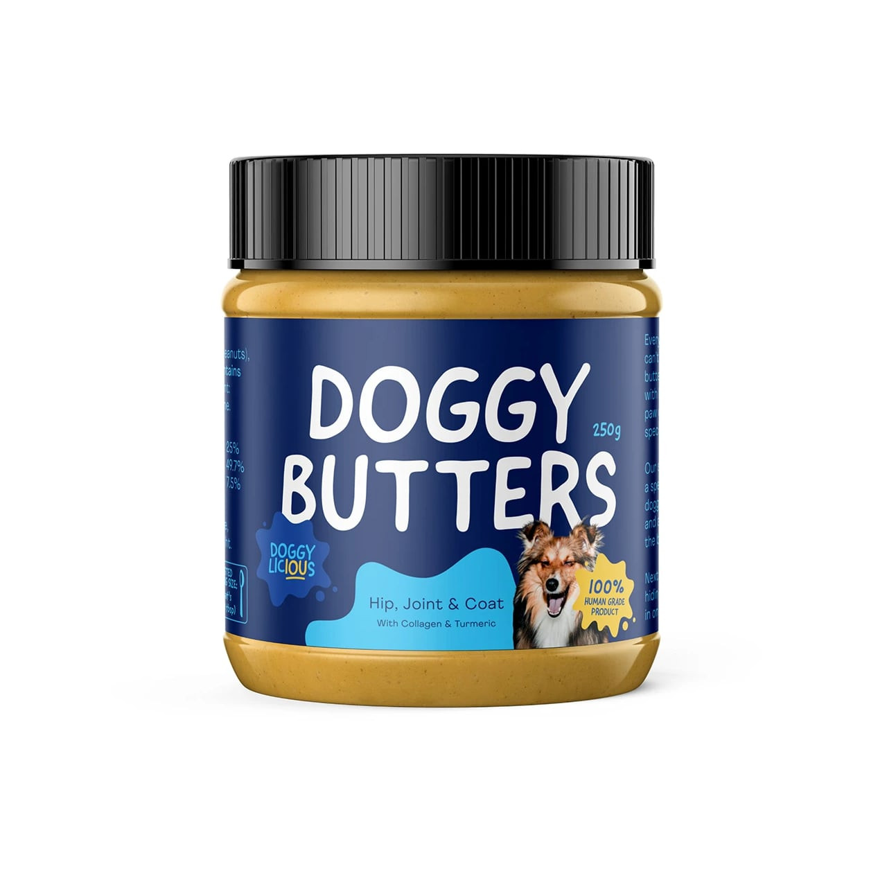 Doggylicious Hip & Joint Care Doggy Butter, 250g jar with a blue label, collagen, and turmeric.