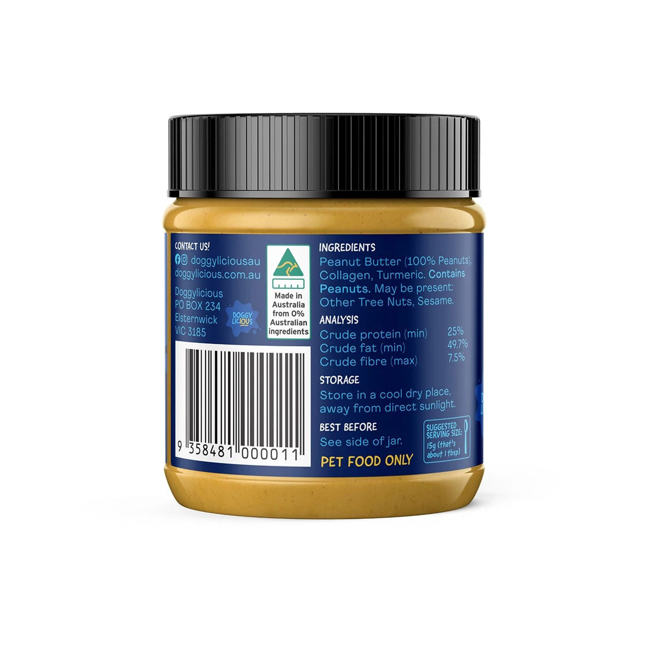 Doggylicious Hip & Joint Care Doggy Butter in a 250g jar, featuring peanut butter and turmeric ingredients.