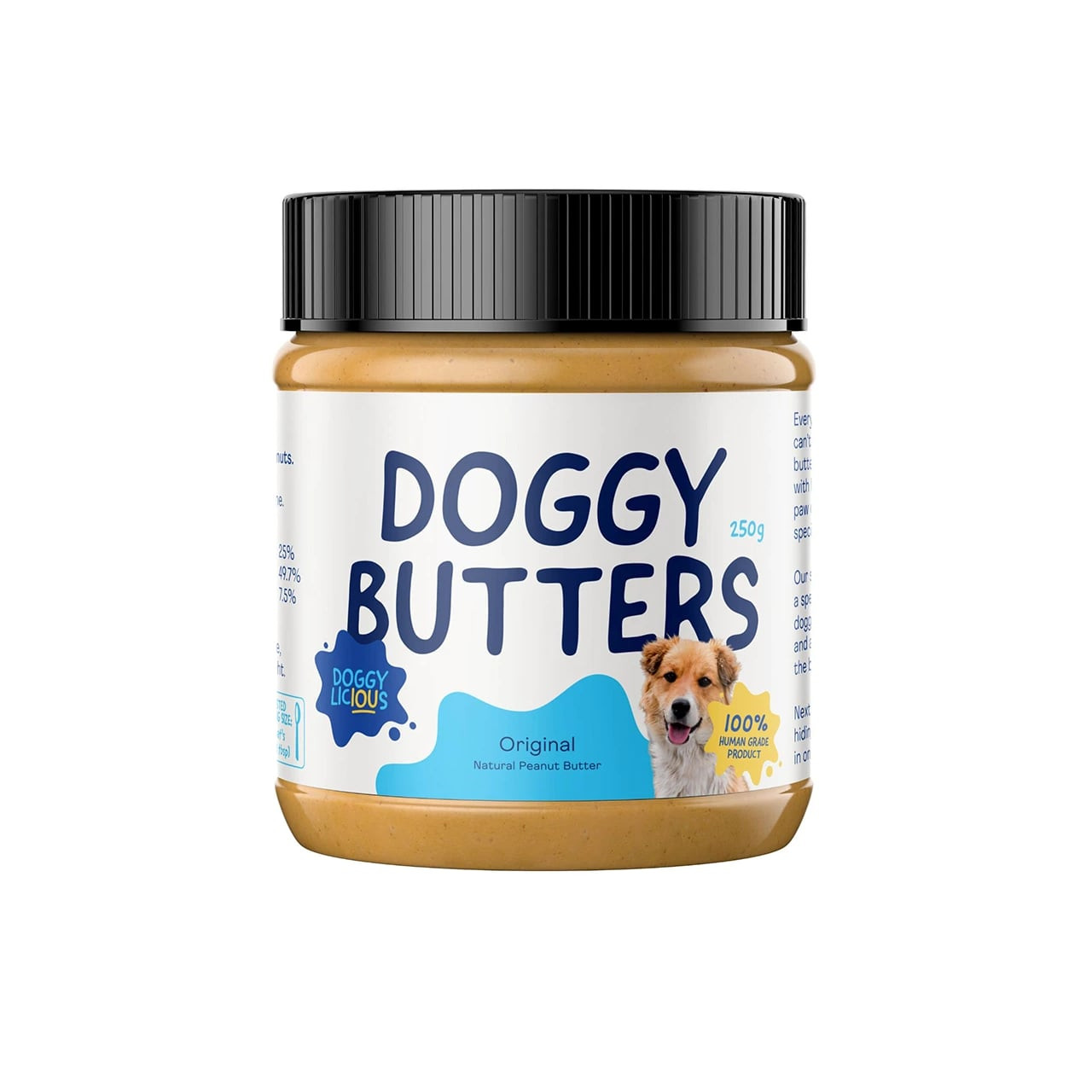 Doggylicious Original Doggy Butter 250g jar, natural peanut butter for dogs.