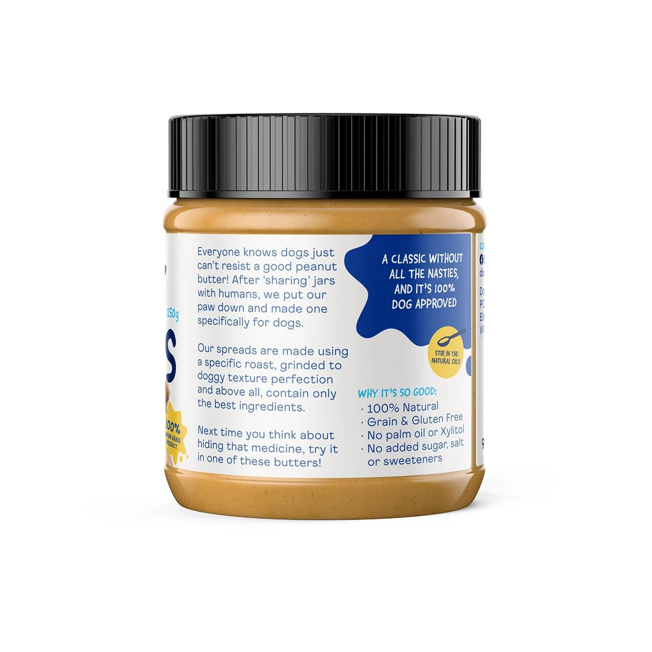 Doggylicious Original Doggy Butter, 250g jar, grain-free, 100% natural, dog-approved spread.