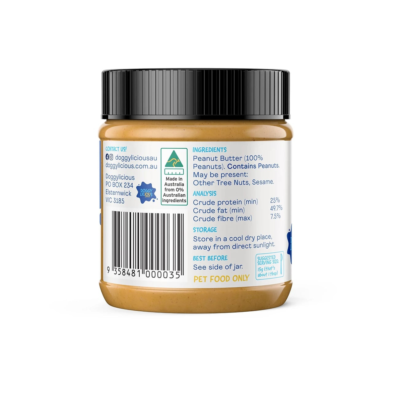 Doggylicious Original Doggy Butter jar with 250g peanut butter, perfect for dog treats.