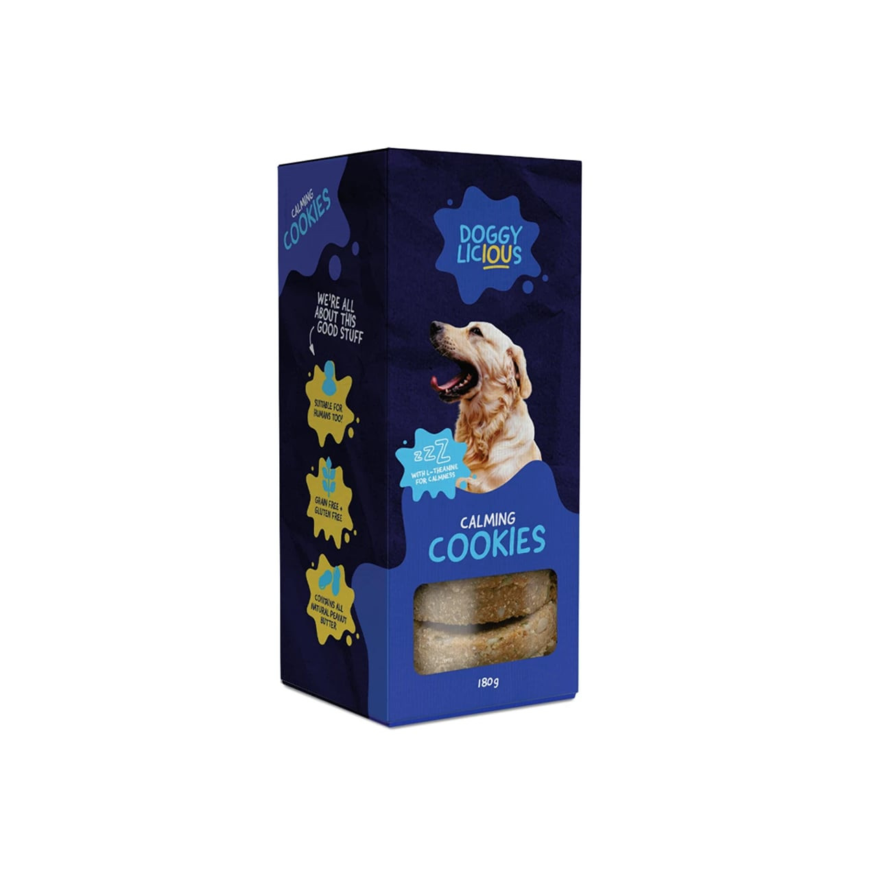Doggylicious Calming Cookies in a 180g blue box, designed for relaxing dogs.