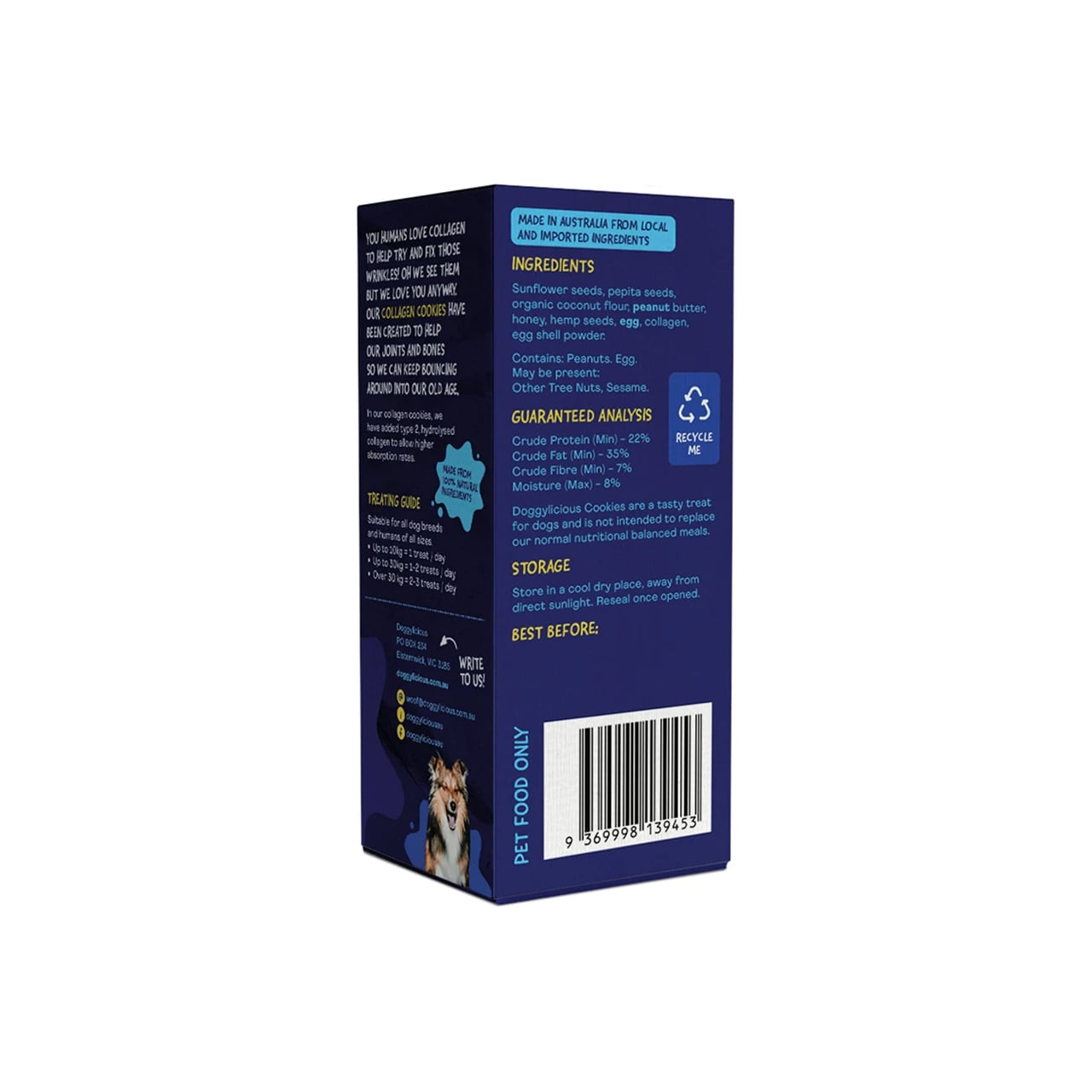 Doggylicious Hip & Joint Care Doggy Cookies packaging, 180g, featuring a blue and gold design.