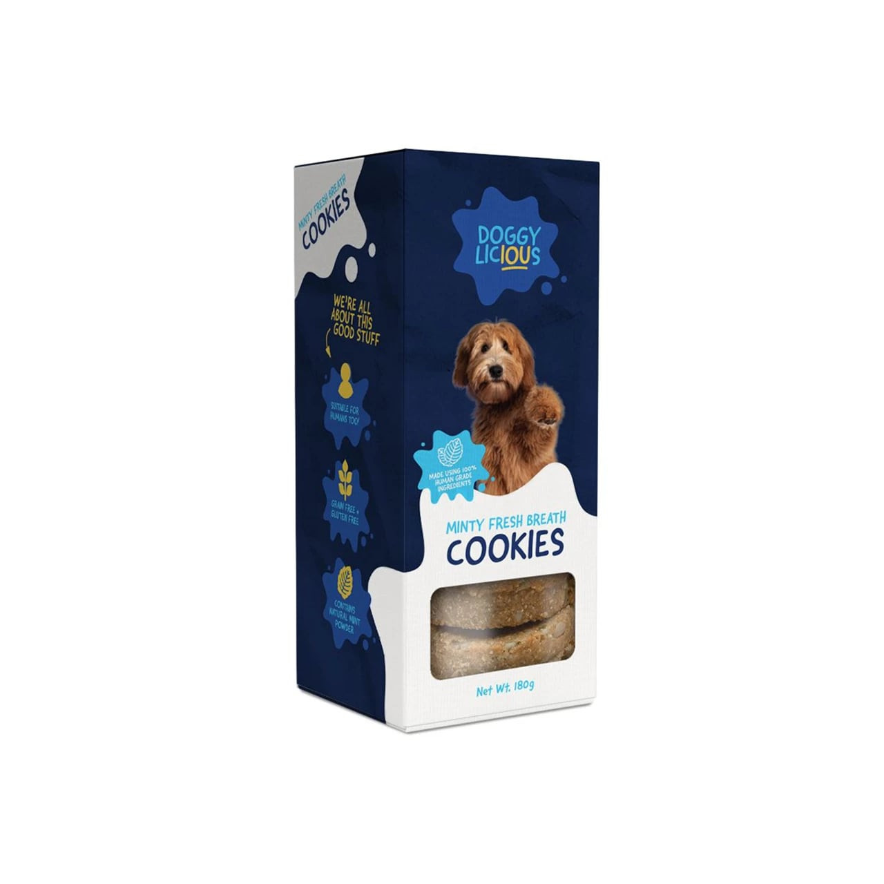 Doggylicious Minty Fresh Doggy Cookies in 180g packaging for fresh dog breath.