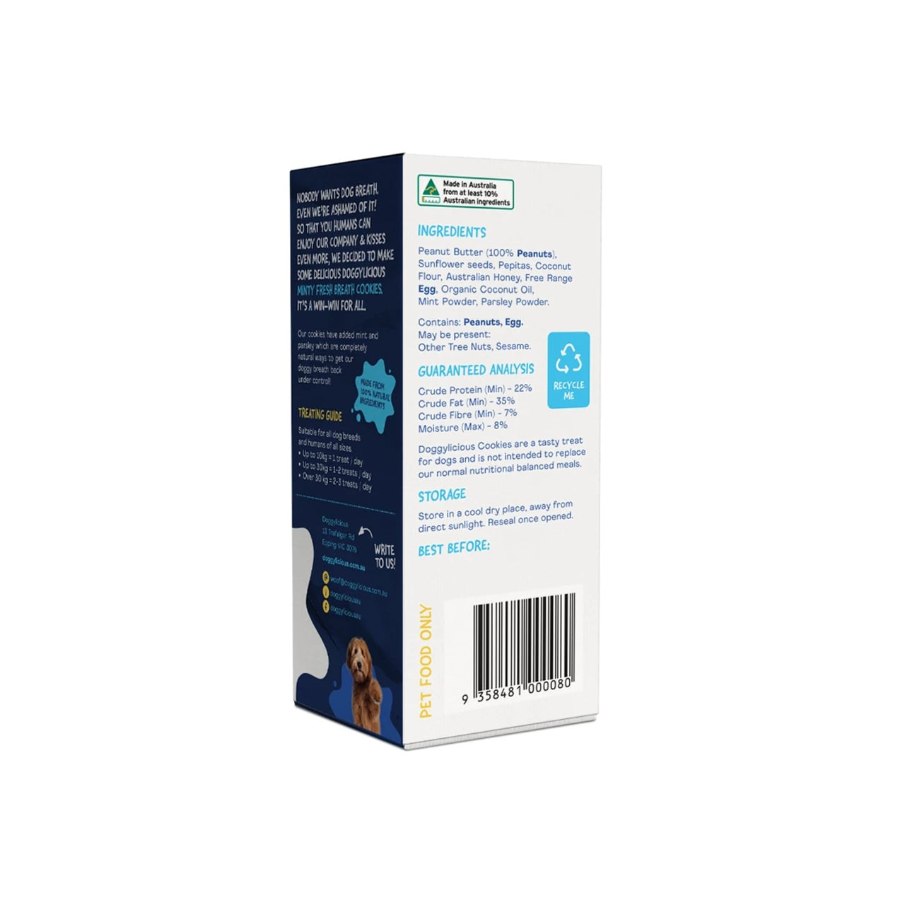 Doggylicious Minty Fresh Doggy Cookies, 180g, with natural ingredients and mint flavor for fresh breath.