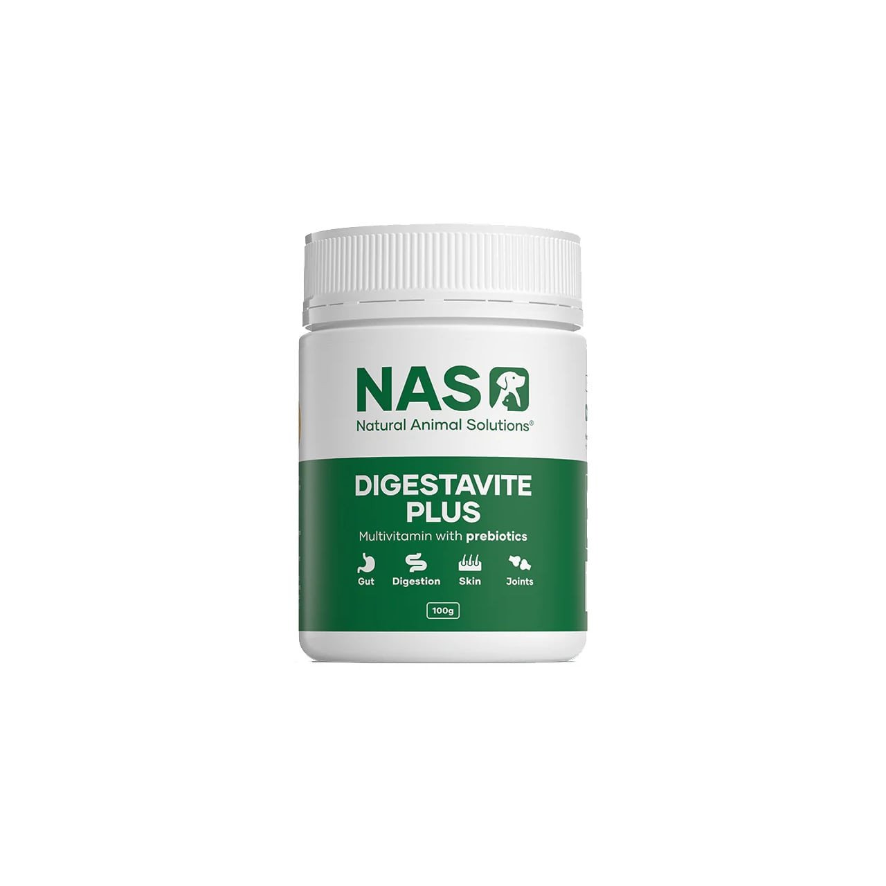 NAS DigestaVite Plus multivitamin 100g, promoting gut health and digestion for pets.