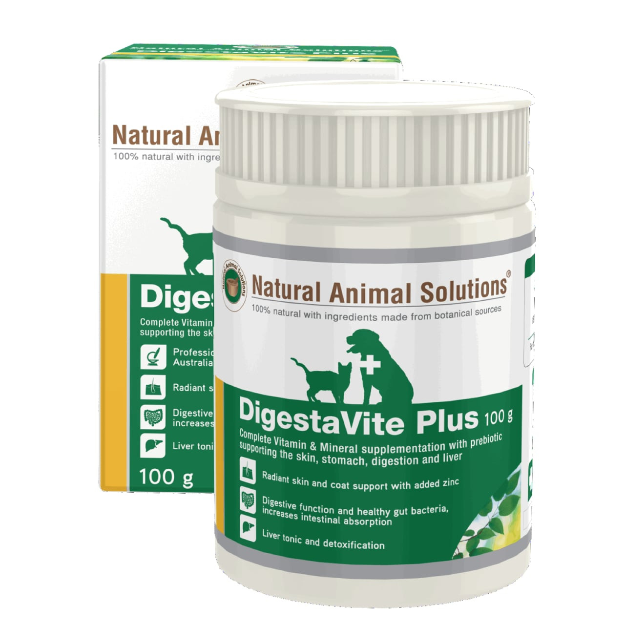 Natural Animal Solutions DigestaVite Plus multivitamin 100g for pet health, digestion, and skin support.