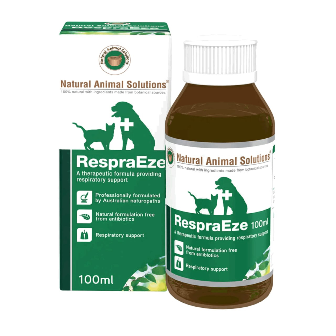Respraeze Respiratory Support for Pets 100mL in green packaging with informative labels.
