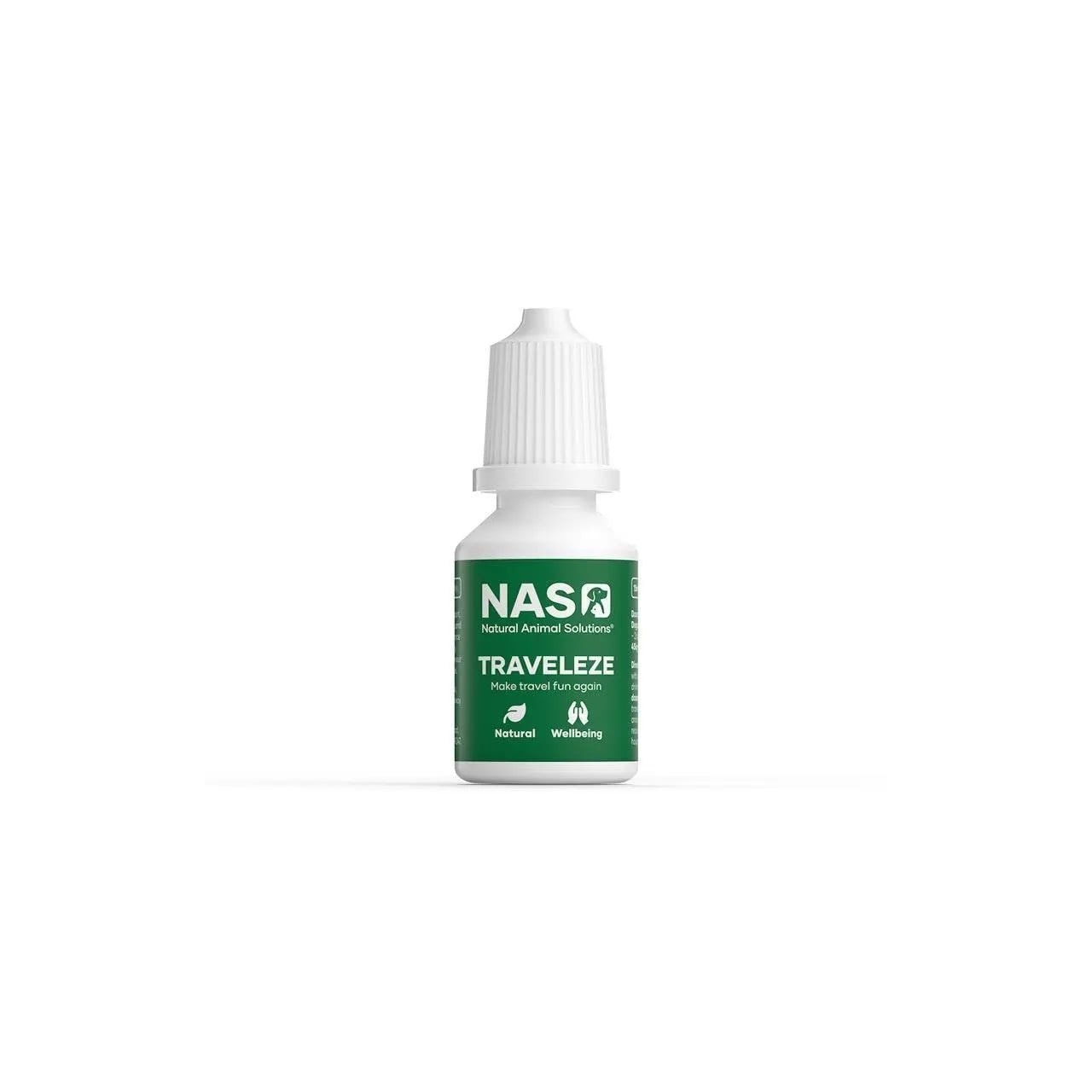 NAS Traveleze 15mL bottle for pet travel stress relief, featuring a green label and dropper.