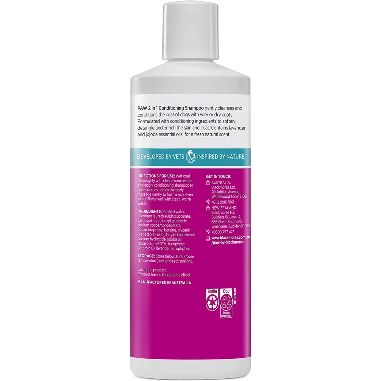PAW 2 In 1 Skin & Coat Conditioning Shampoo 500ml in a sleek bottle with vibrant packaging.
