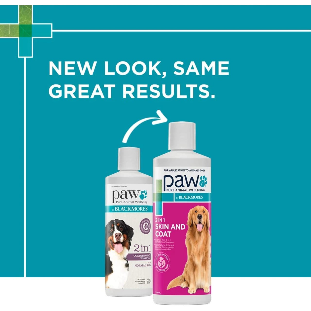 PAW 2 In 1 Skin & Coat Conditioning Shampoo 500ml, new packaging, for healthy dog coats.