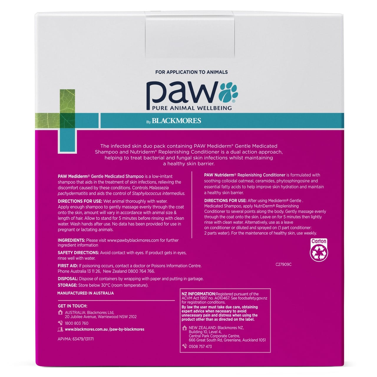 PAW Mediderm & Nutriderm Pack 200ml for healthy skin, featuring medicated shampoo and conditioner.