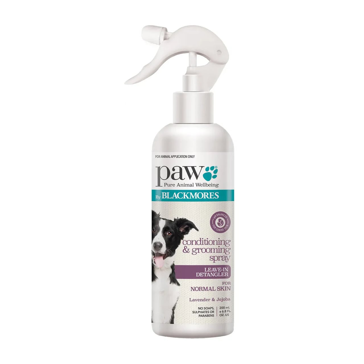 PAW Lavender Conditioning & Grooming Spray for Dogs, 200ml, with sprayer and dog image.