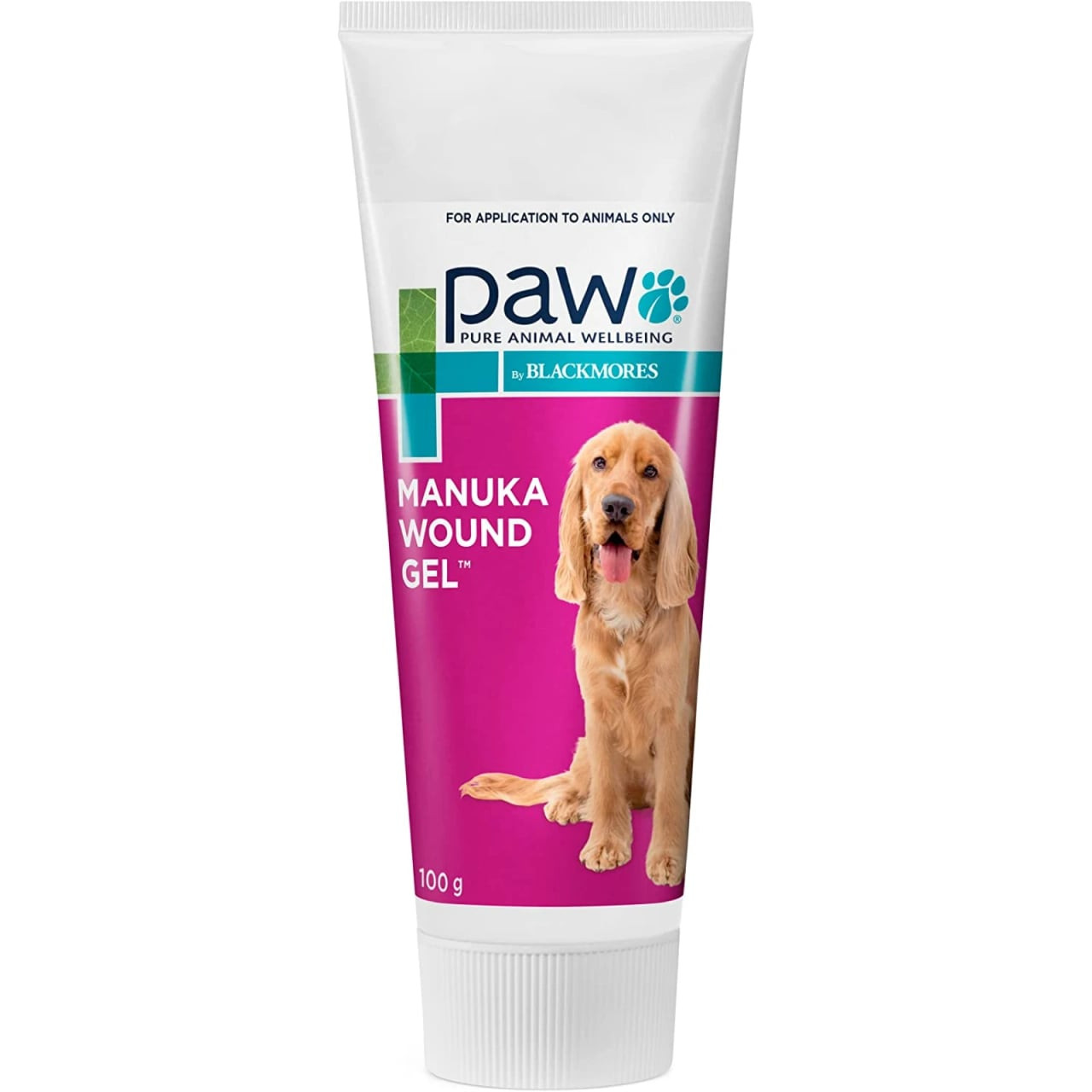 PAW Manuka Wound Gel for dogs, cats, and horses in a 100g tube, featuring a dog on packaging.