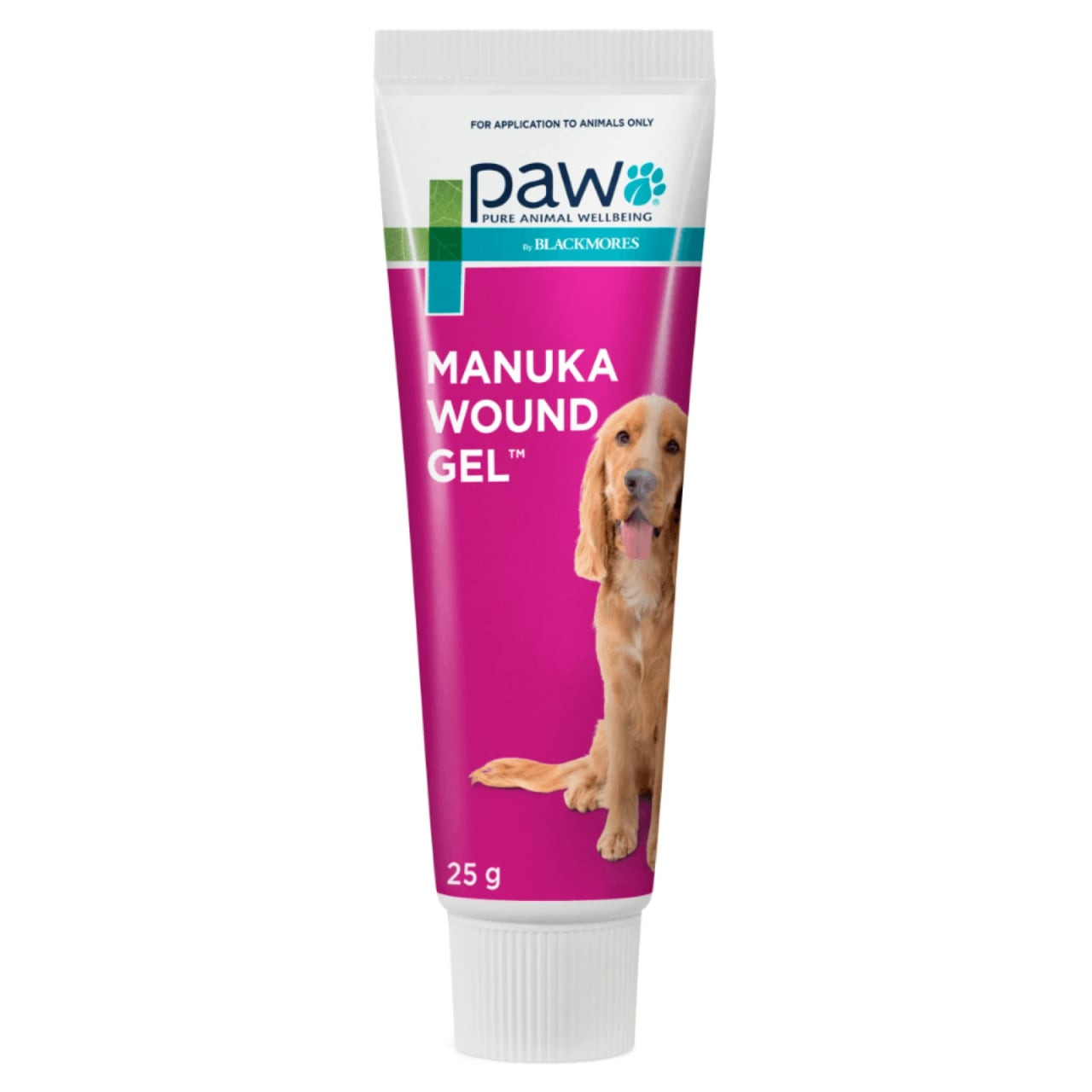 PAW Manuka Wound Gel for dogs, cats, and horses in a 25g tube with a pink label.