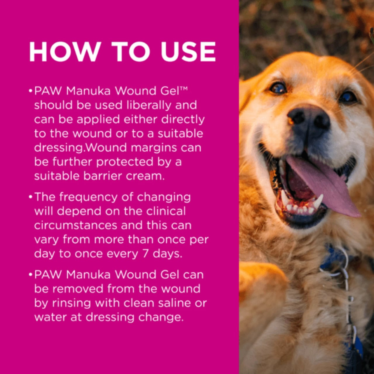 PAW Manuka Wound Gel 25g instructions for dogs, cats, and horses, highlighting wound care application.