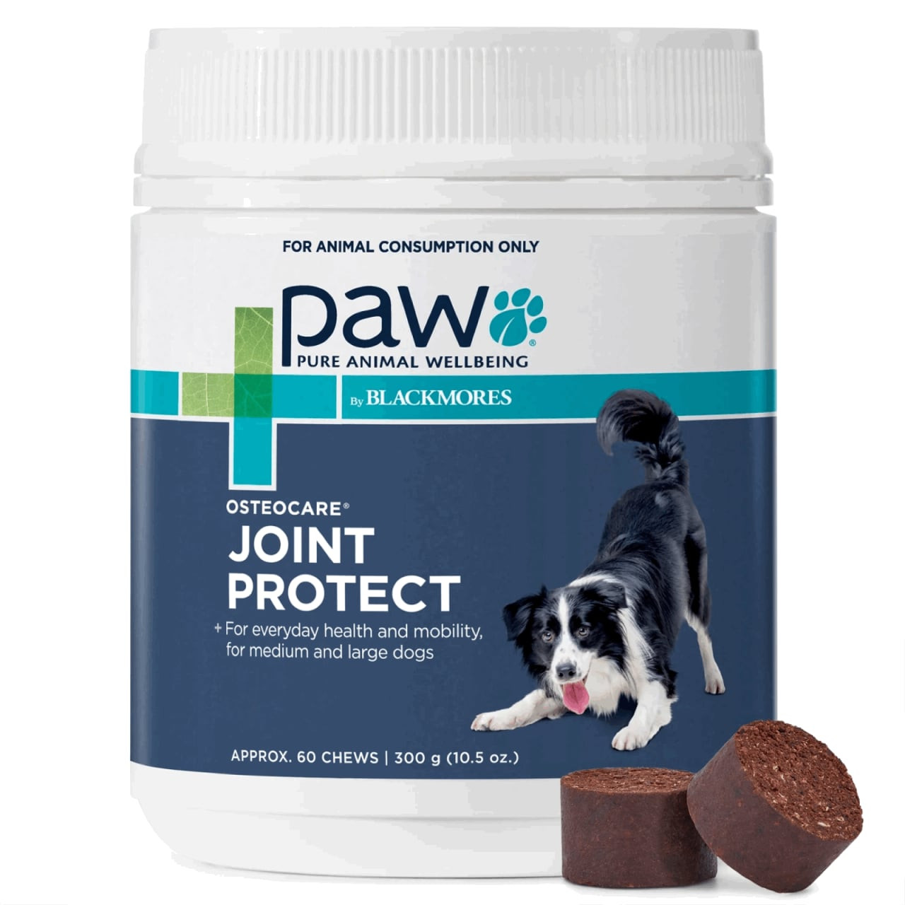 PAW Osteocare Joint Protect Chews for medium to large dogs, 300g tub with chocolate-colored chews.