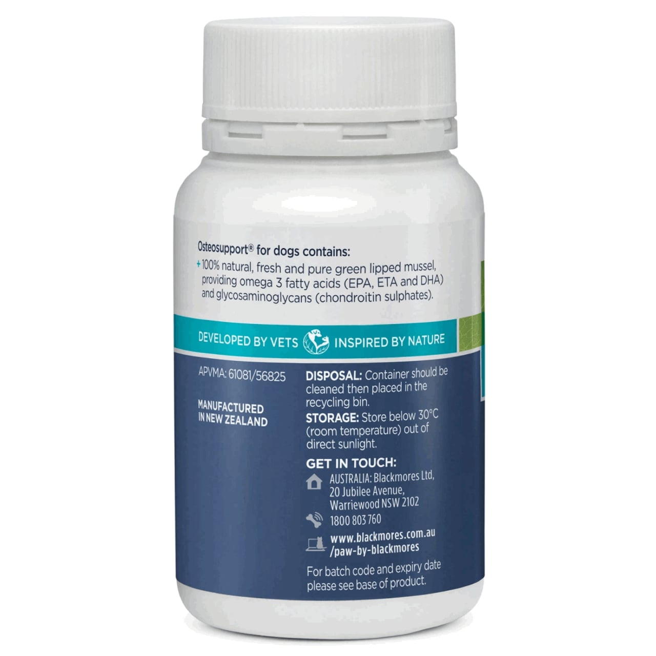 PAW Osteosupport Powder for Dogs, 500mg, 80 capsules, supports joint health with omega-3 fatty acids.