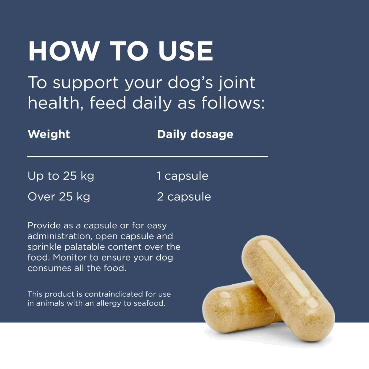 PAW Osteosupport Powder for Dogs 500mg, shown with capsules for joint health dosage instructions.