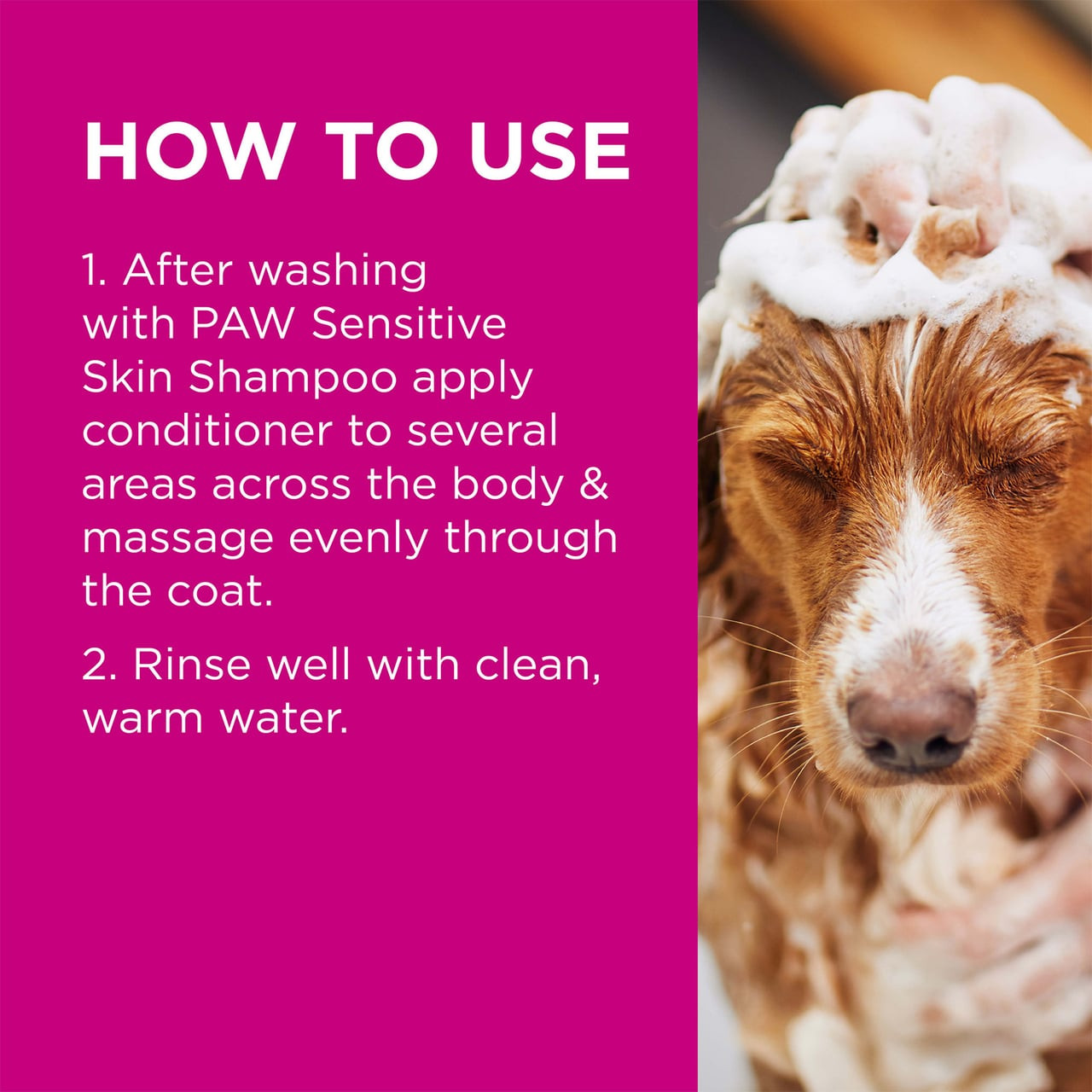 PAW Sensitive Shampoo for Dogs 500ml instructions for use on a dog with shampoo lather.