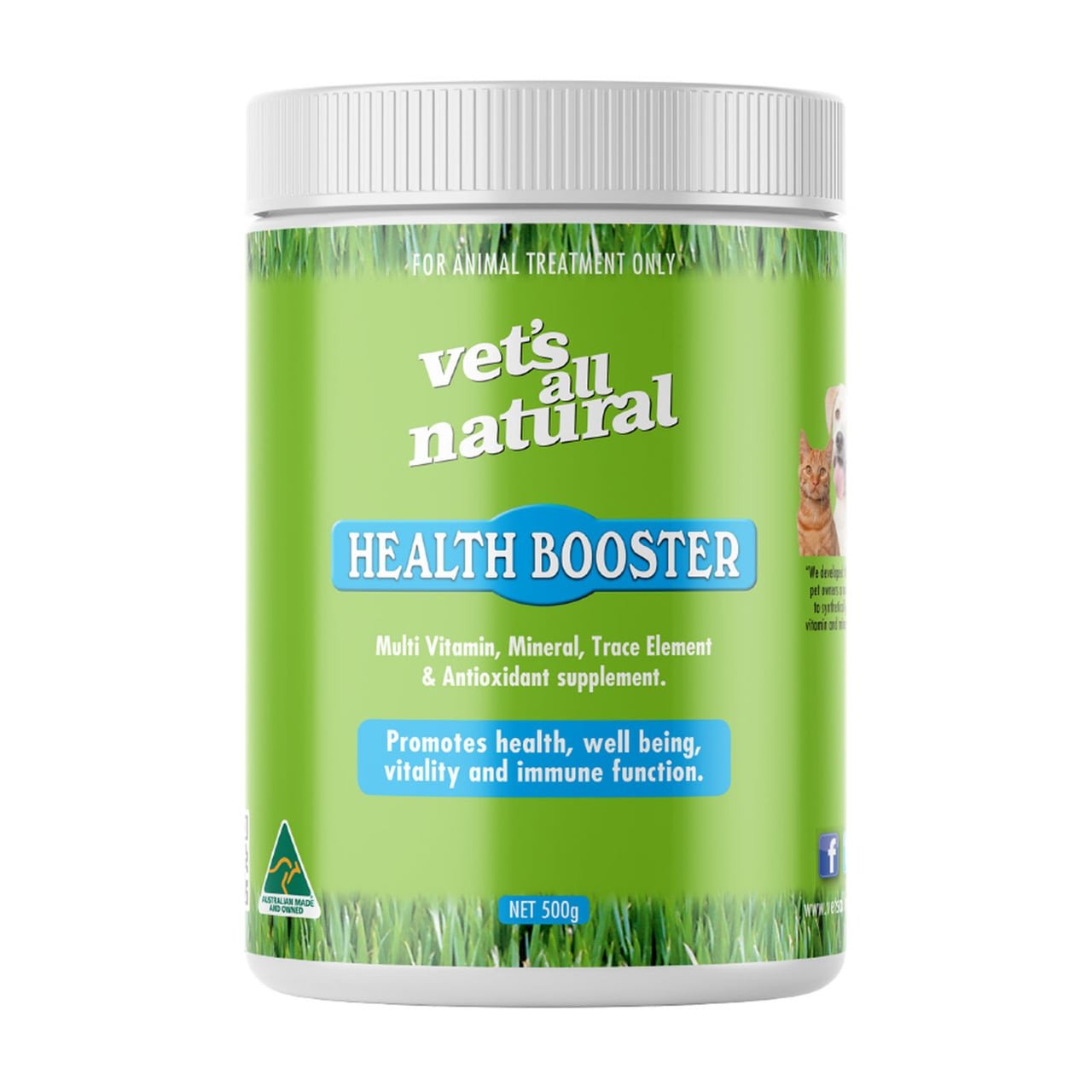 Vets All Natural Health Booster Powder for dogs and cats, 500g, promotes pet health and vitality.