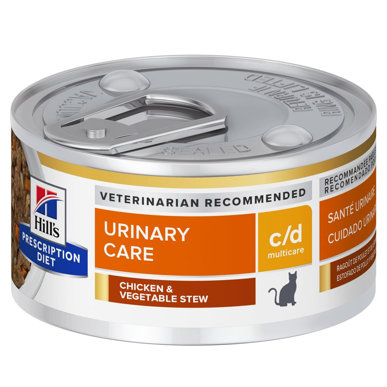 Hills Prescription Diet c/d Multicare wet cat food, chicken and vegetable stew, 82g can.