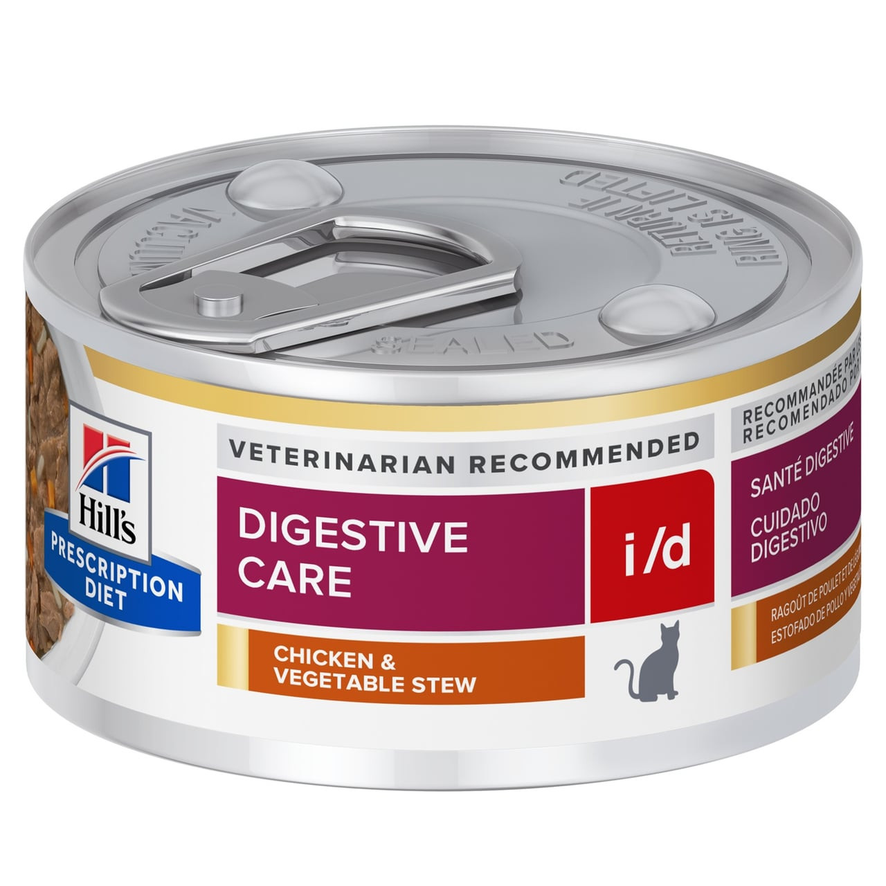 Hills Prescription Diet i/d Digestive Care Chicken & Vegetable Stew wet cat food can.