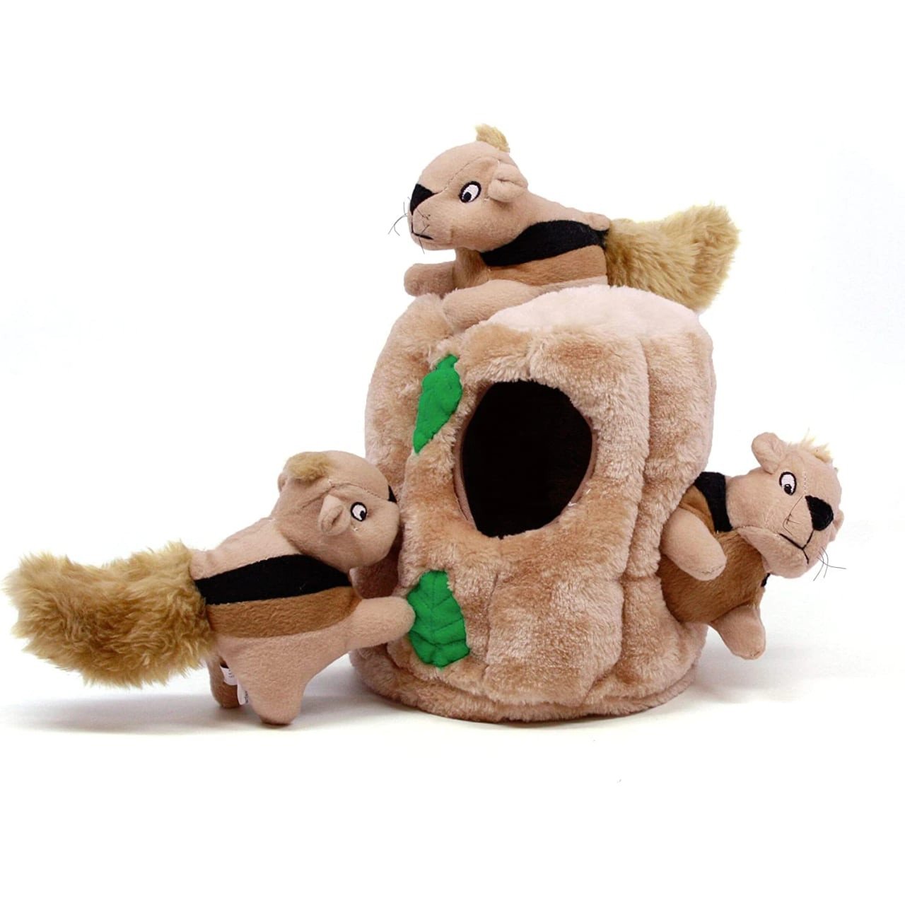 Outward Hound Hide A Squirrel Plush Puzzle Toy with three squirrels and tree trunk design.