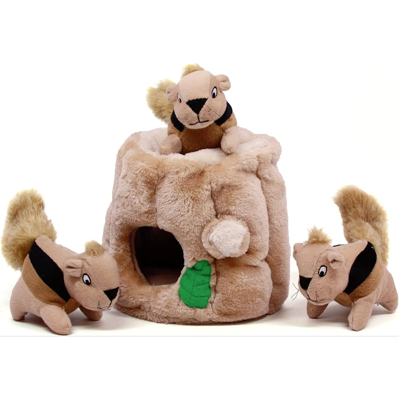 Outward Hound Hide A Squirrel Plush Puzzle Toy with three plush squirrels and tree trunk.