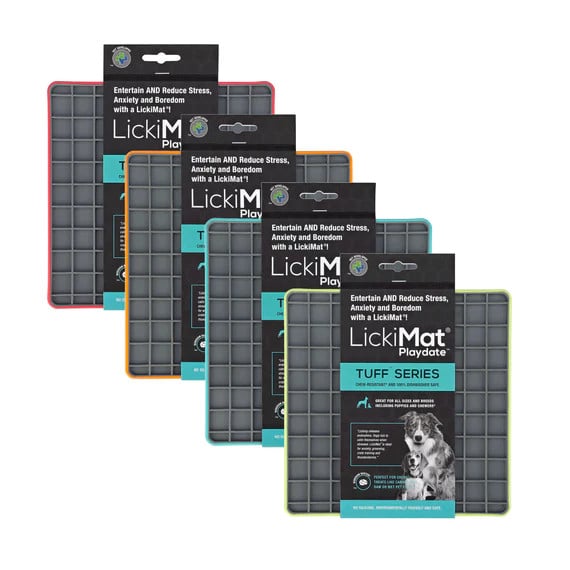 LickiMat TUFF Playdate set featuring colorful slow feeding mats for dogs and cats.