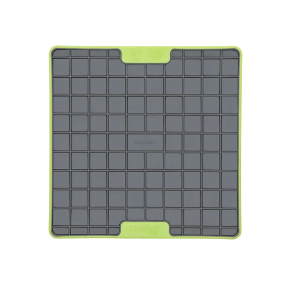 LickiMat TUFF Playdate slow feeding mat in green and gray for dogs and cats.