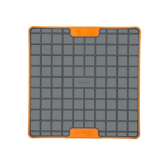 LickiMat TUFF Playdate slow feeding mat for dogs and cats with orange edges and textured surface.