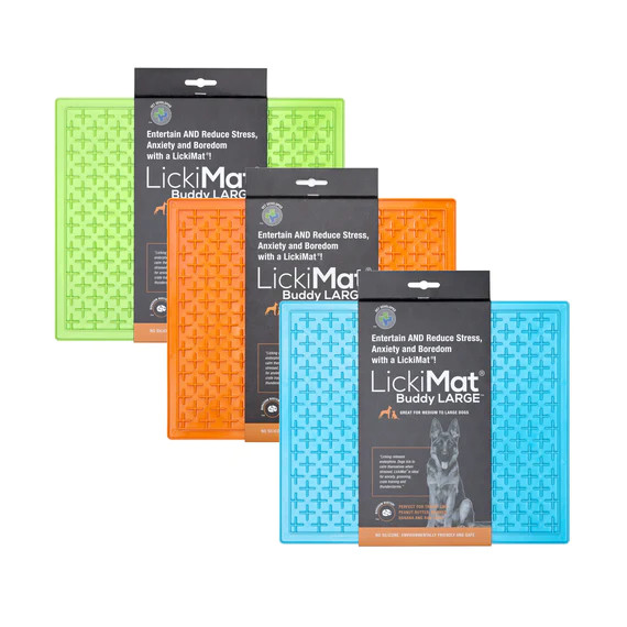 LickiMat Classic Buddy XL in orange, green, and blue for stimulating slow feeding in pets.