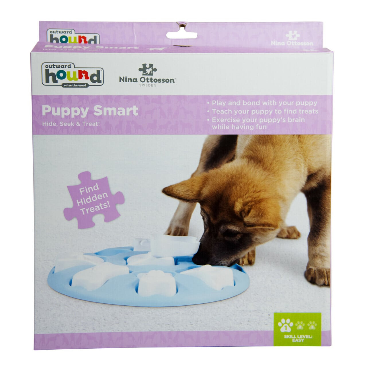 Nina Ottosson Smart Interactive Puzzle Dog Toy for Puppies, Level 1, bright packaging with treat compartments.