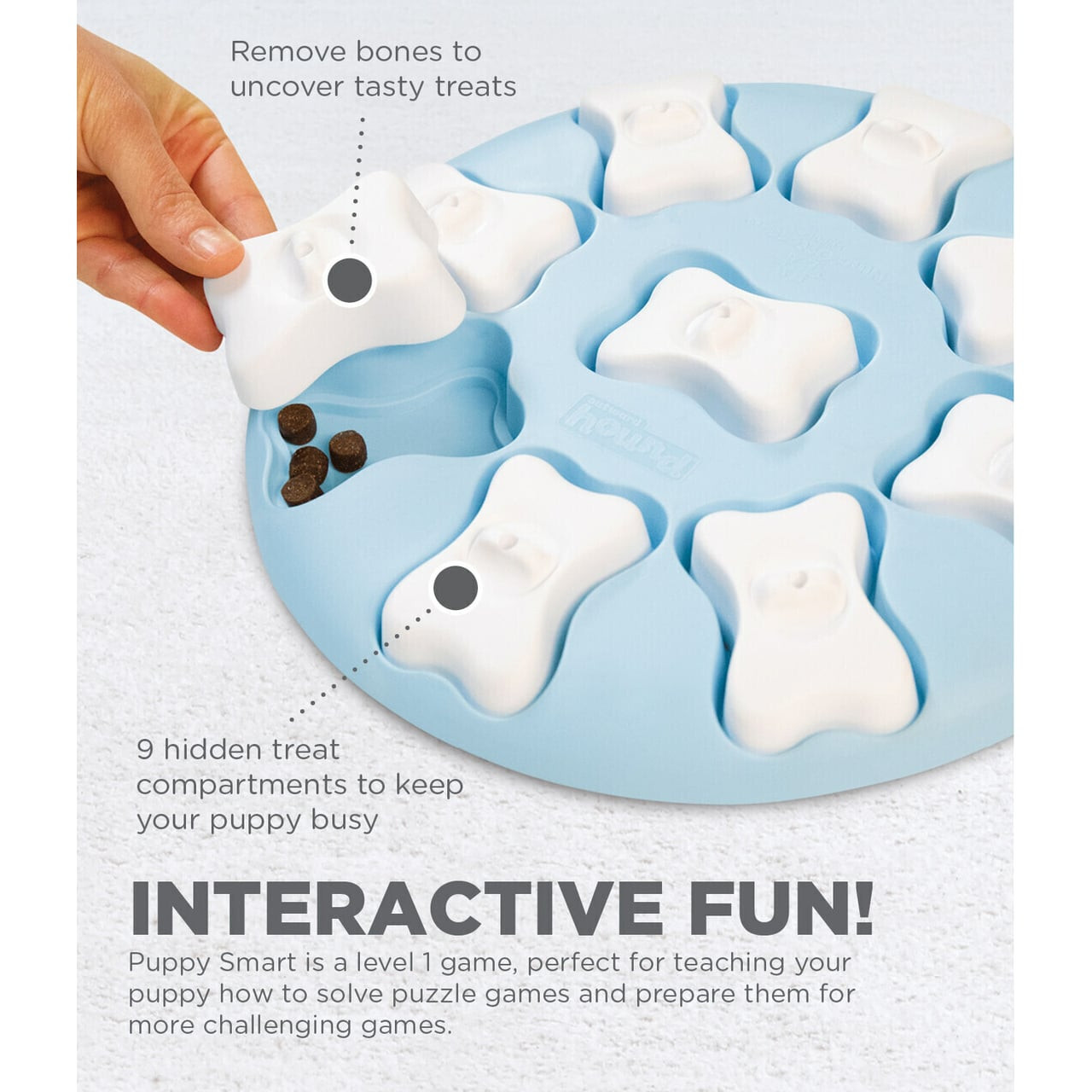 Nina Ottosson Smart Interactive Puzzle Dog Toy in blue, ideal for puppy play and treat engagement.