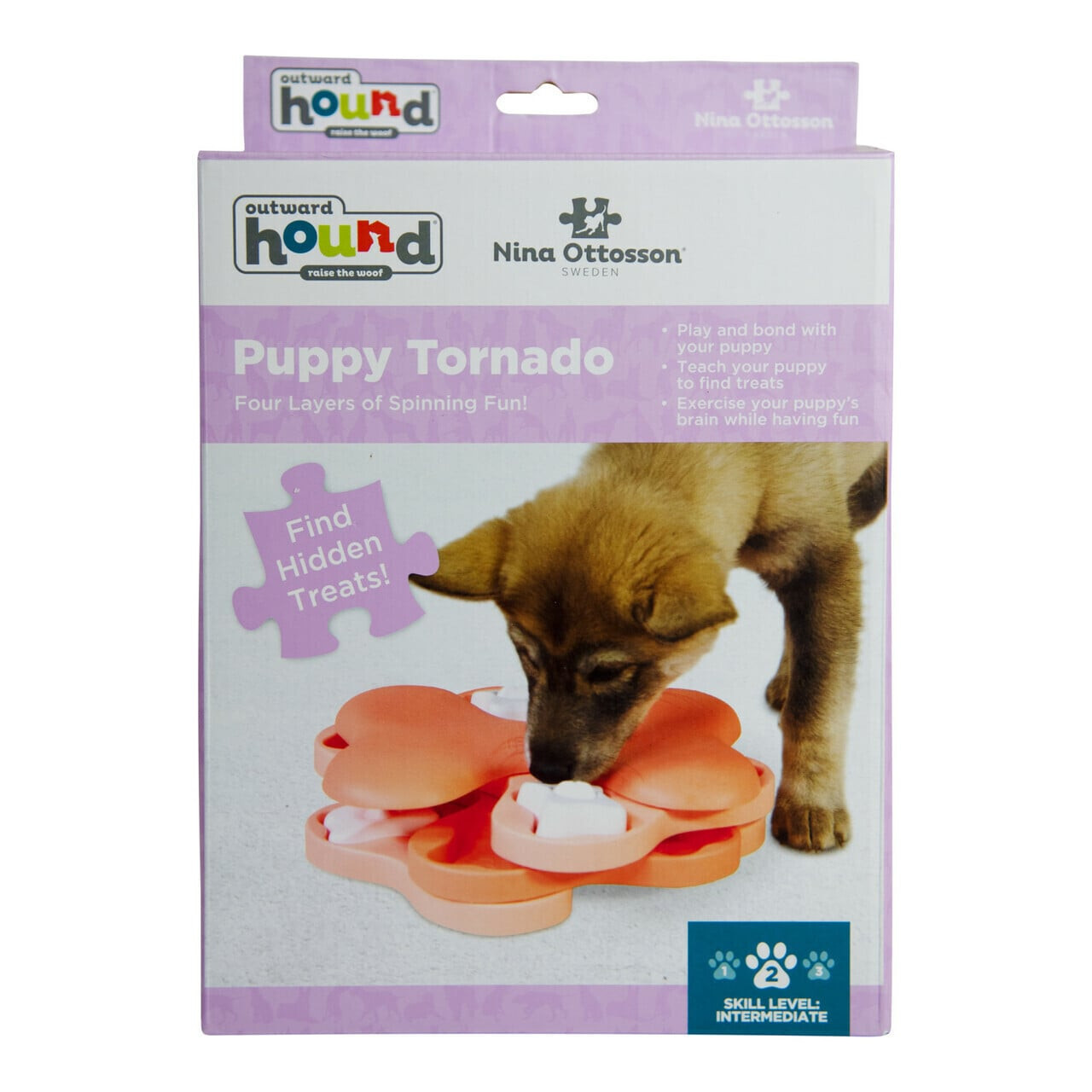 Nina Ottosson Tornado Interactive Puzzle Dog Toy for Puppies, featuring a puppy engaging with the toy.