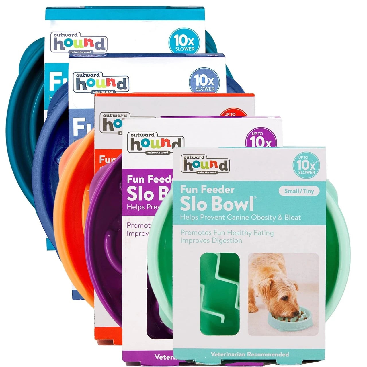 Outward Hound Fun Feeder Slow Bowl in various colors promotes healthy eating for dogs.