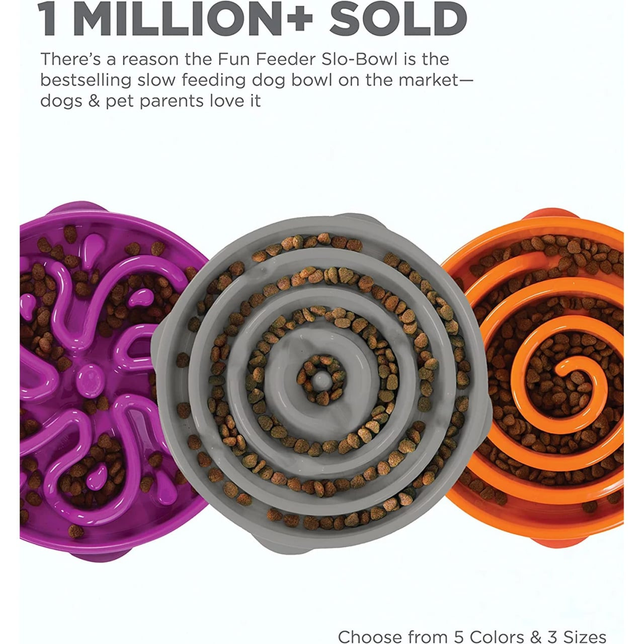 Outward Hound Fun Feeder Slow Bowl for Dogs in orange, purple, and gray, promotes healthy eating.