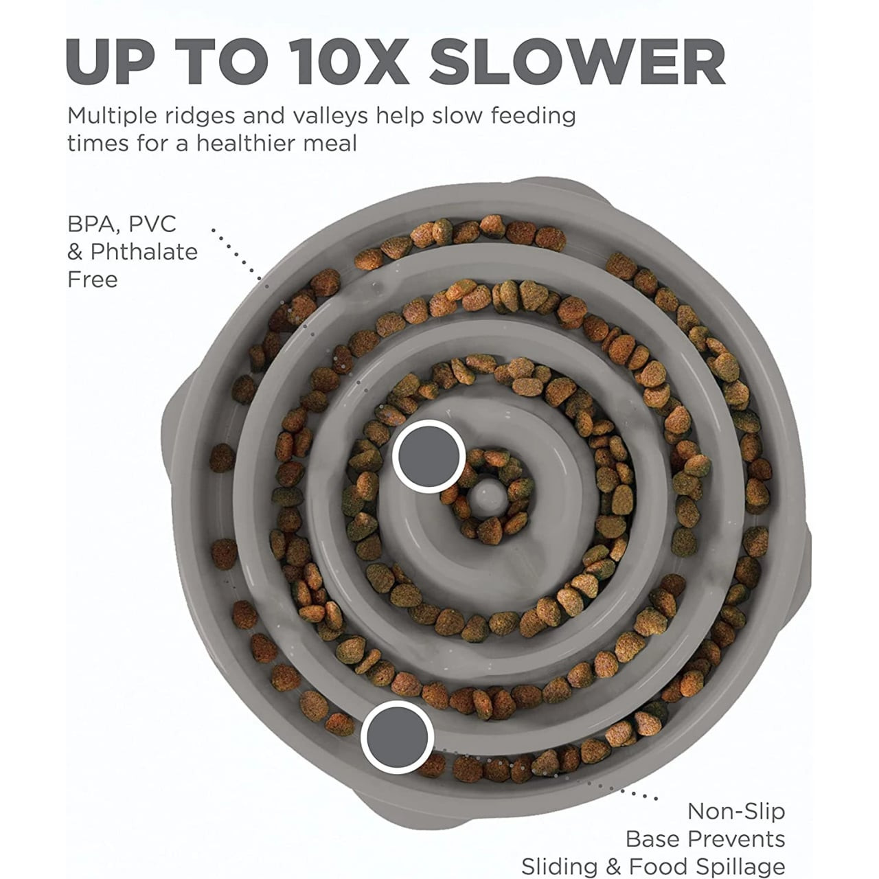 Outward Hound Fun Feeder Slow Bowl for Dogs, gray with ridge design to slow feeding.