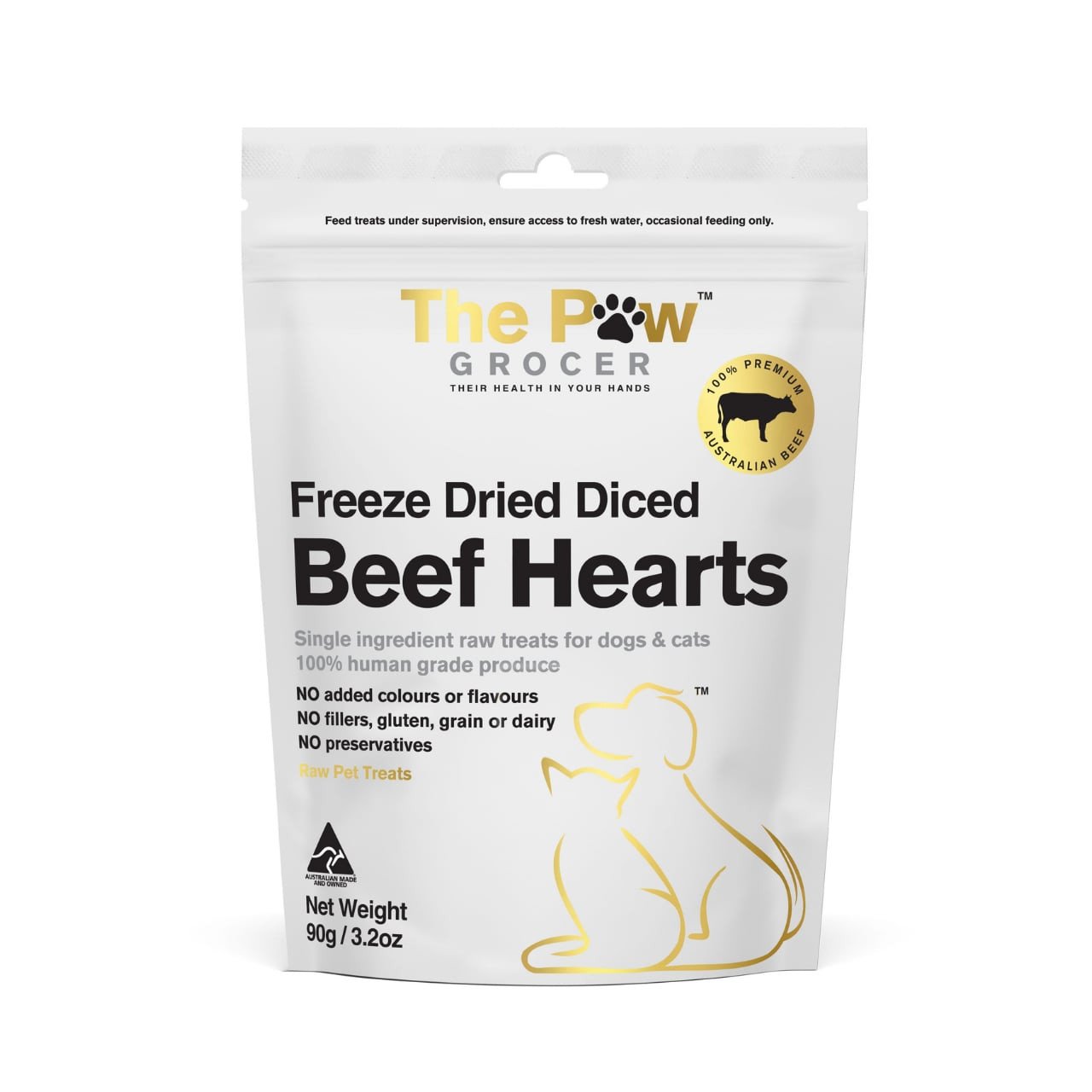 Freeze Dried Beef Hearts for Cats and Dogs by The Paw Grocer, 90g packaging.