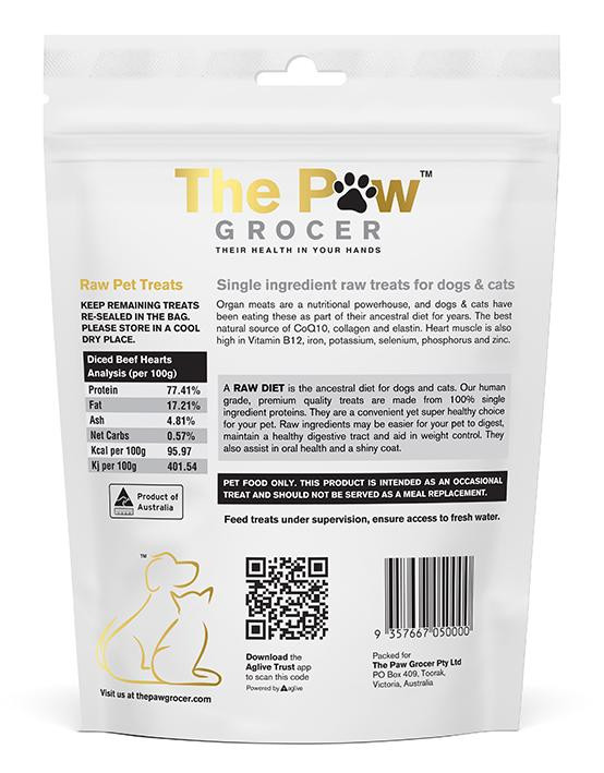 Freeze dried beef hearts for cats and dogs, 90g bag, single ingredient raw pet treats.