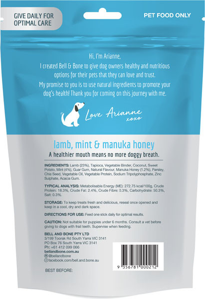 Bell & Bone Lamb, Mint & Manuka Honey dental sticks pack, ideal for small dogs, promotes pet health.