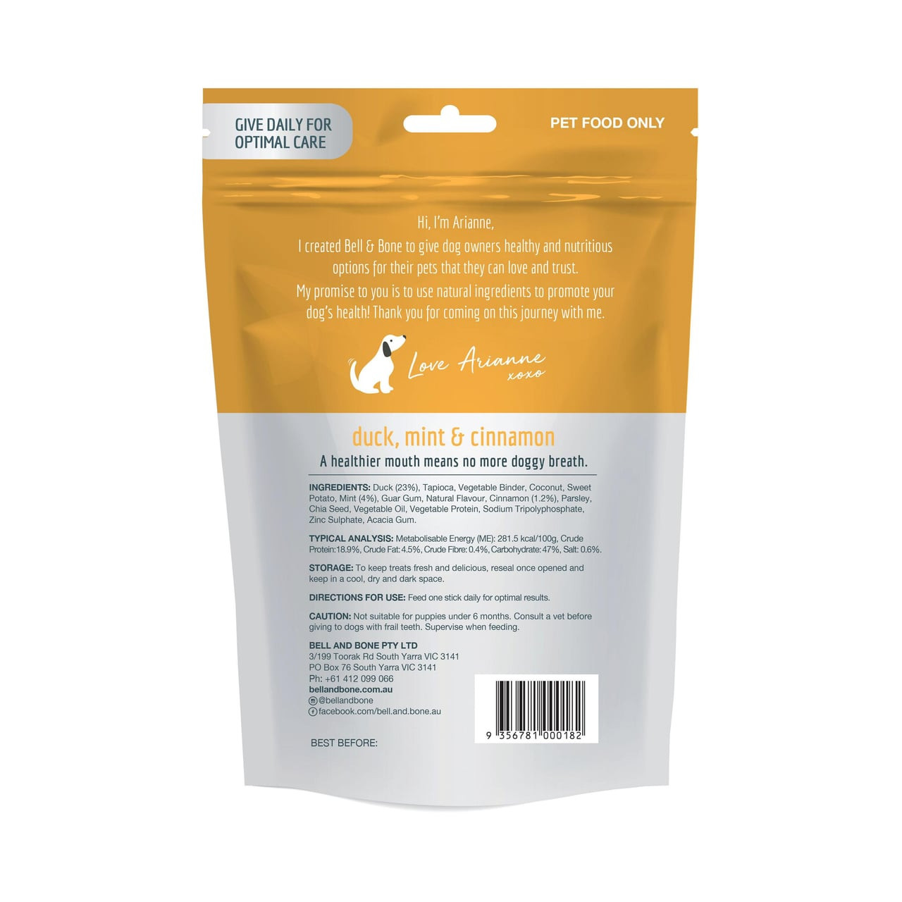 Bell & Bone Duck, Mint & Cinnamon small dental sticks for dogs, promoting fresh breath and pet health.